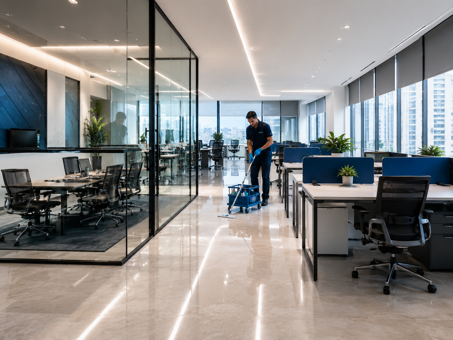 Limpeza profissional em escritório moderno com sala de reunião